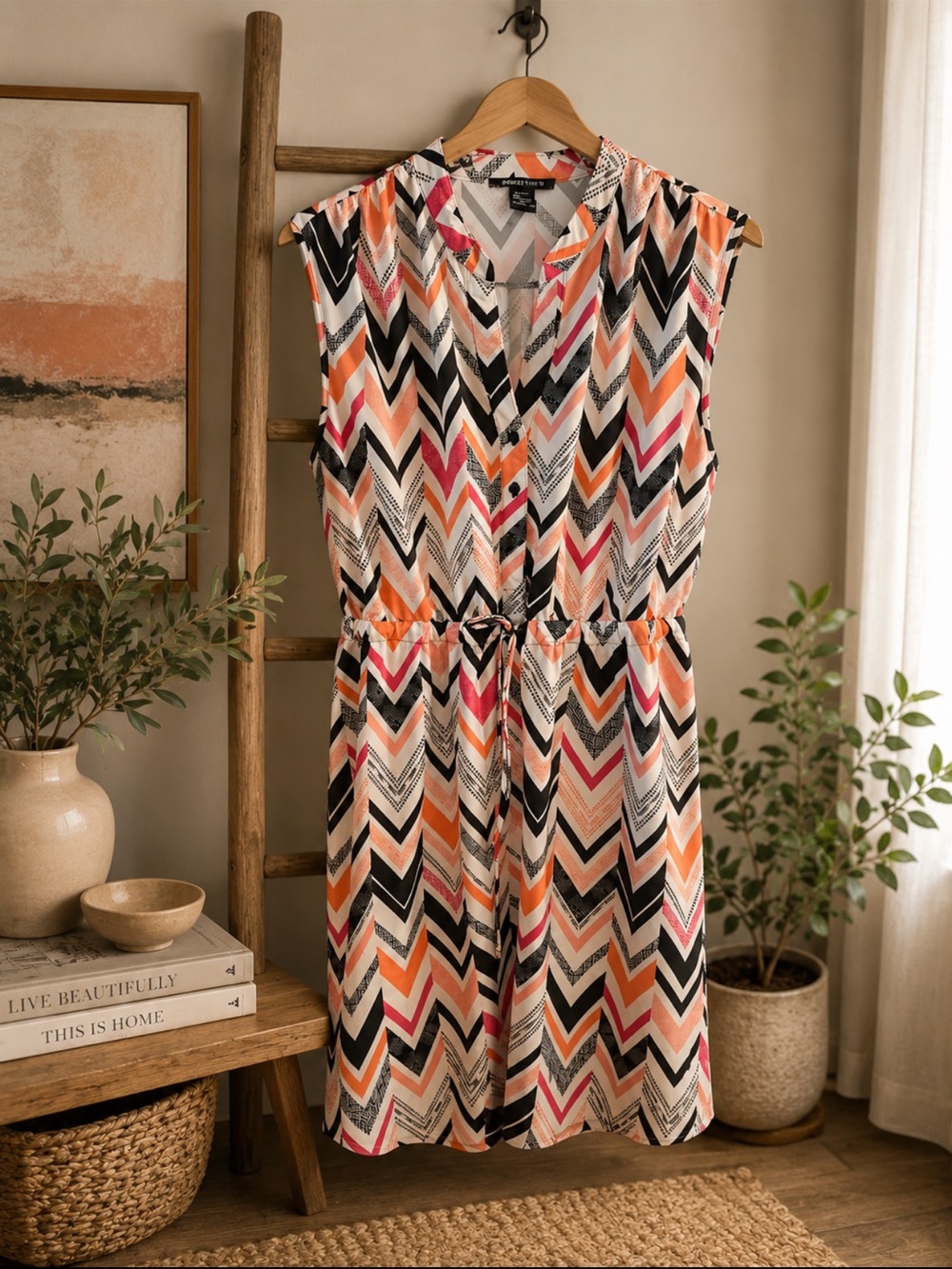 Robert Louis Chevron Print Sleeveless Blouse in Black, Pink & Peach